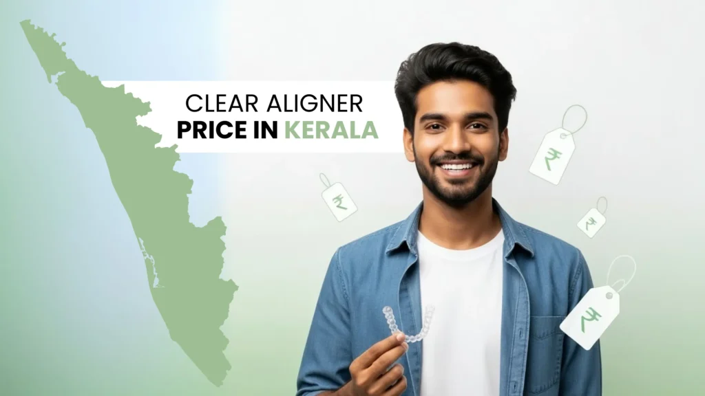 Smiling man holding clear aligner with price tags and Kerala map showing cost of clear aligner treatment in Kerala