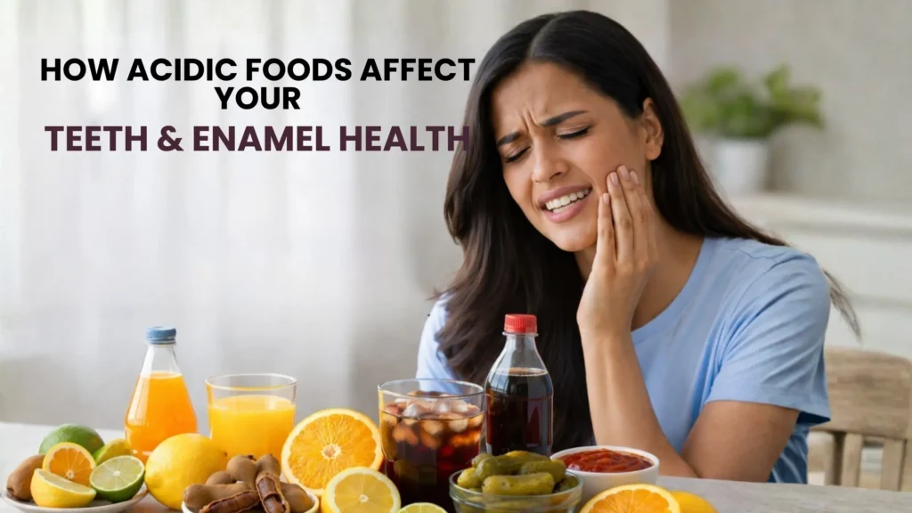 Woman experiencing tooth sensitivity with acidic foods and drinks affecting enamel health